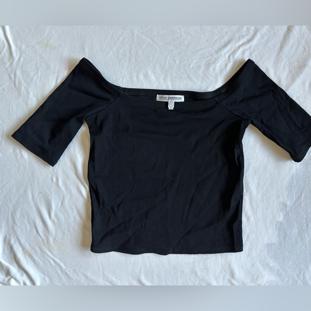 Good American Black micro Ribbed Off-Shoulder Top size 3 - Picture 2 of 7